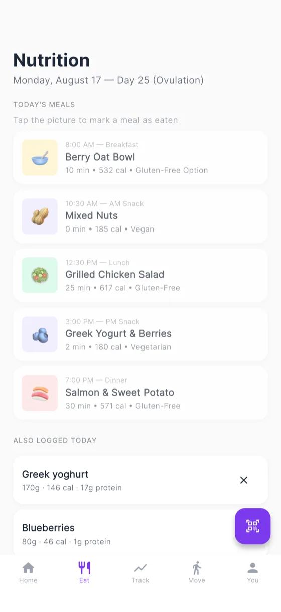 The PCOS Pal Eat tab: a day of meals with cooking time, calories and dietary tags.